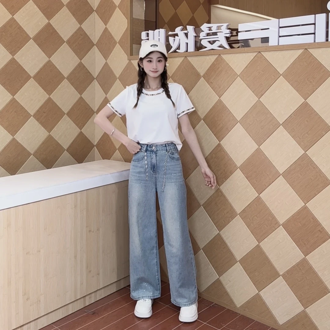IEF/爱依服长裤2025早秋新款运动日常显瘦遮胯牛仔阔腿裤流光风