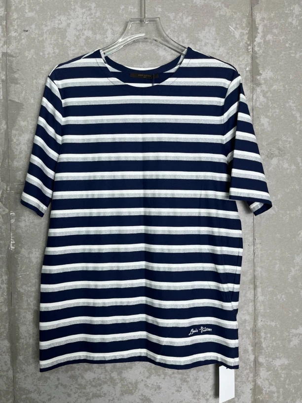 未使用 LouisVuitton/路易威登 XL*1/条纹圆领logo刺绣短袖/10989