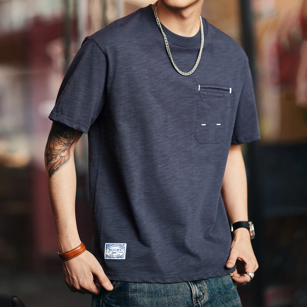 格蓝鹿高日系复古竹节棉短袖t恤男2025夏季新款宽松圆领半袖体恤