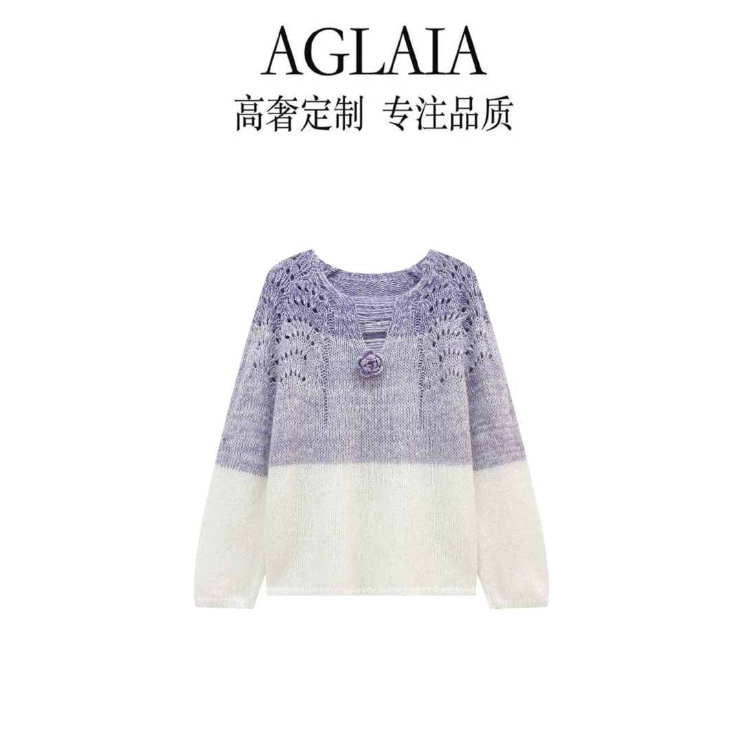 AGLAIA~2025秋冬季新款渐变紫镂空宽松显瘦减龄针织衫毛衣女6333