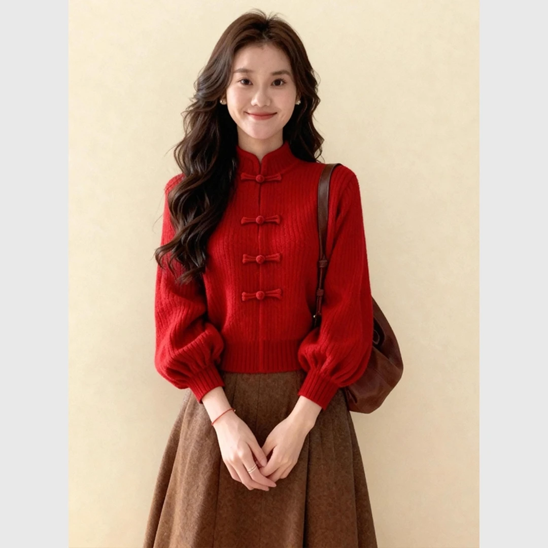新中式红色立领盘扣粗线毛衣2025秋季独特超好看短款灯笼袖针织衫