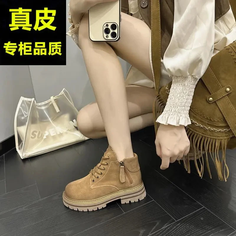 万达撤柜头层牛皮磨砂皮大黄靴子厚底内增高马丁靴女款双拉链短靴