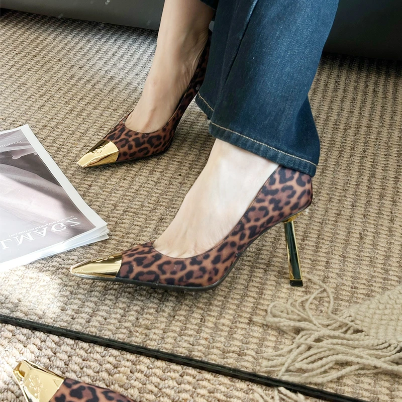 杨树林同款酒红色高跟鞋女细跟三角金跟豹纹小方头浅口单鞋女漆皮