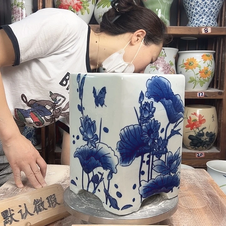 摆件四方盆青花荷花新款新款陶瓷