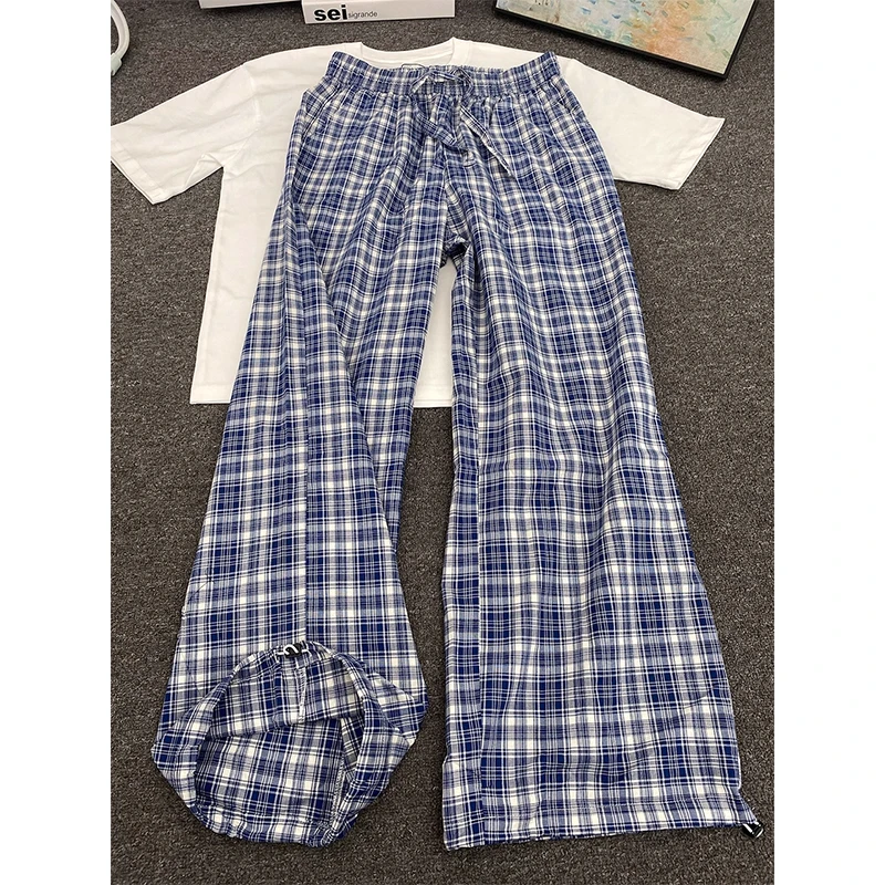 美式复古潮流蓝色格纹裤子男款夏季休闲格子裤松弛感直筒阔腿长裤