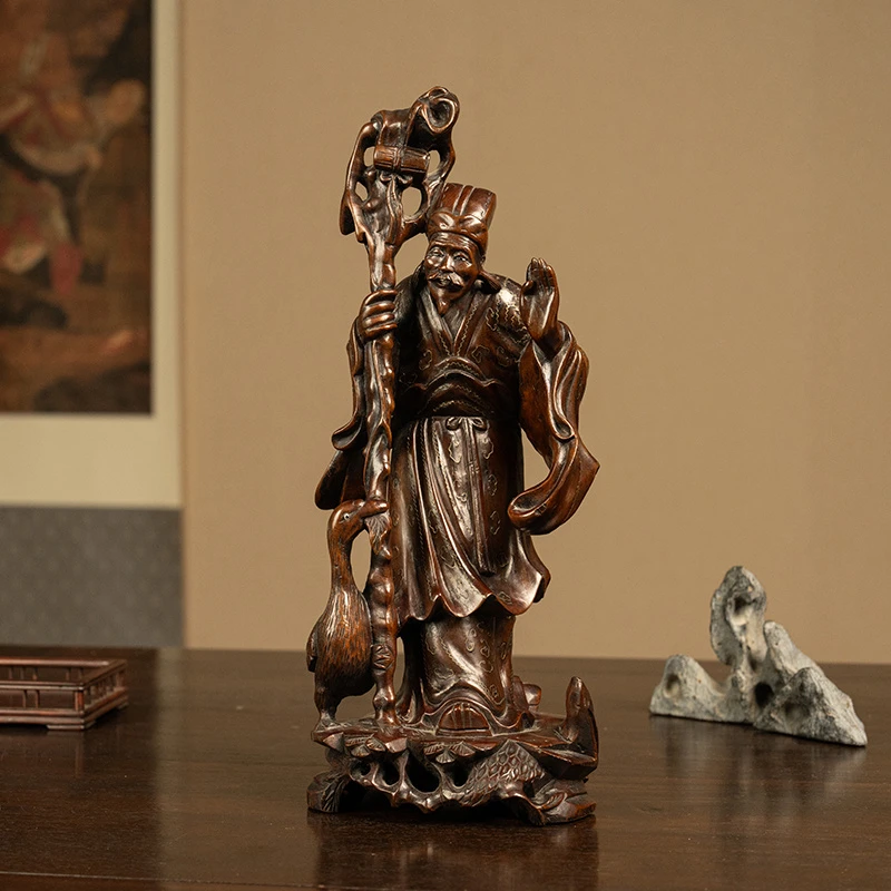 清 龙眼木嵌银丝羲之爱鹅人物摆件古董收藏