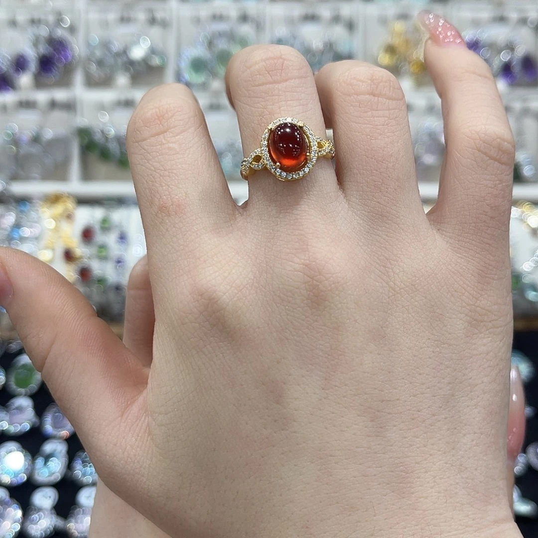 喵***～银S925镀金镶嵌戒指石榴石