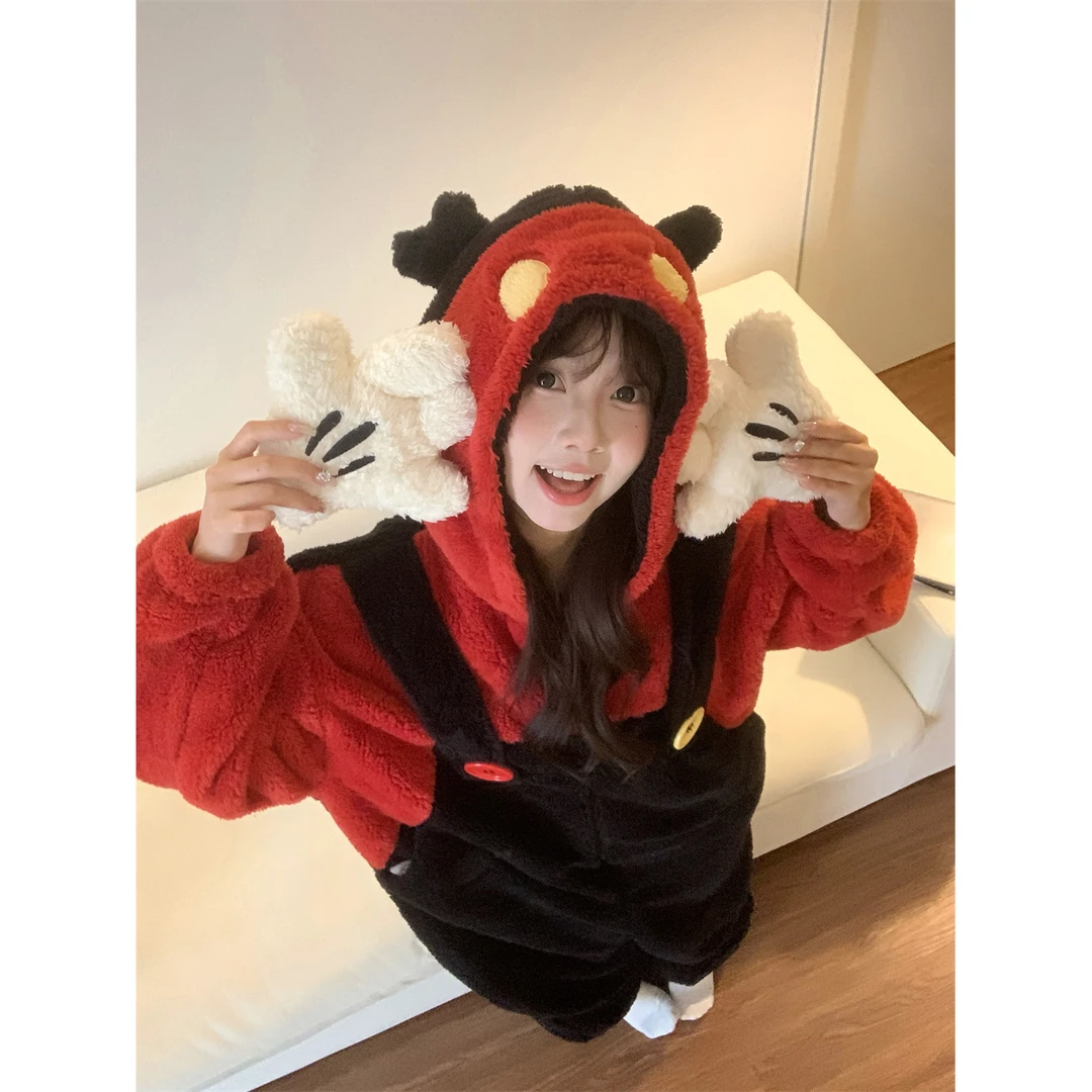 可爱米奇连帽珊瑚绒连体睡衣女2025冬季新款加厚保暖家居服可外穿