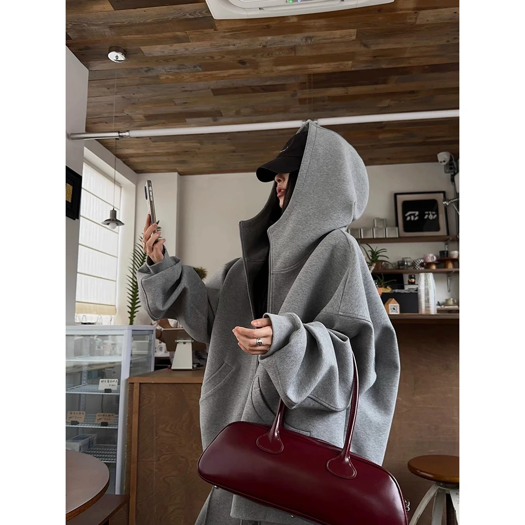 【极简从绒】秋冬灰色连帽运动上衣韩系设计感加绒加厚时尚百搭卫衣