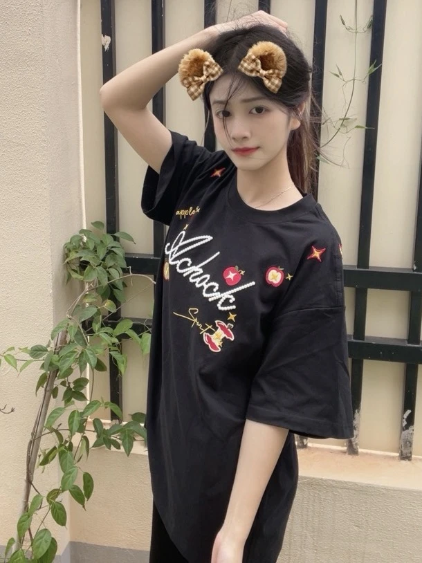 美式复古字母钉珠刺绣短袖t恤女夏季潮牌宽松慵懒风纯棉半袖上衣