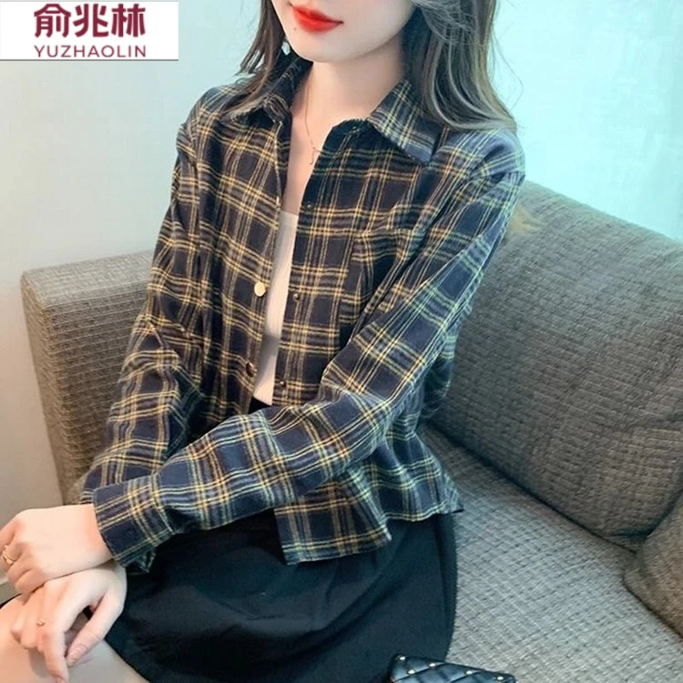 磨毛格子衬衫女款外套小个子春秋新款新款设计感小众复古短款衬衣