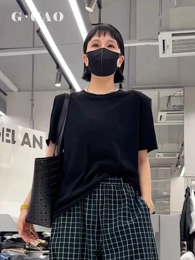 诗歌兰正品25新短袖其它公主袖百搭常规圆领T恤黑韩版山系少女风