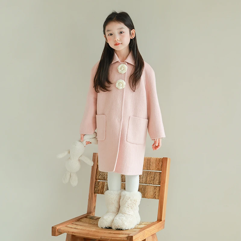 utouto大耳象女童花朵扣翻领毛呢大衣2024冬季新款千金2408354
