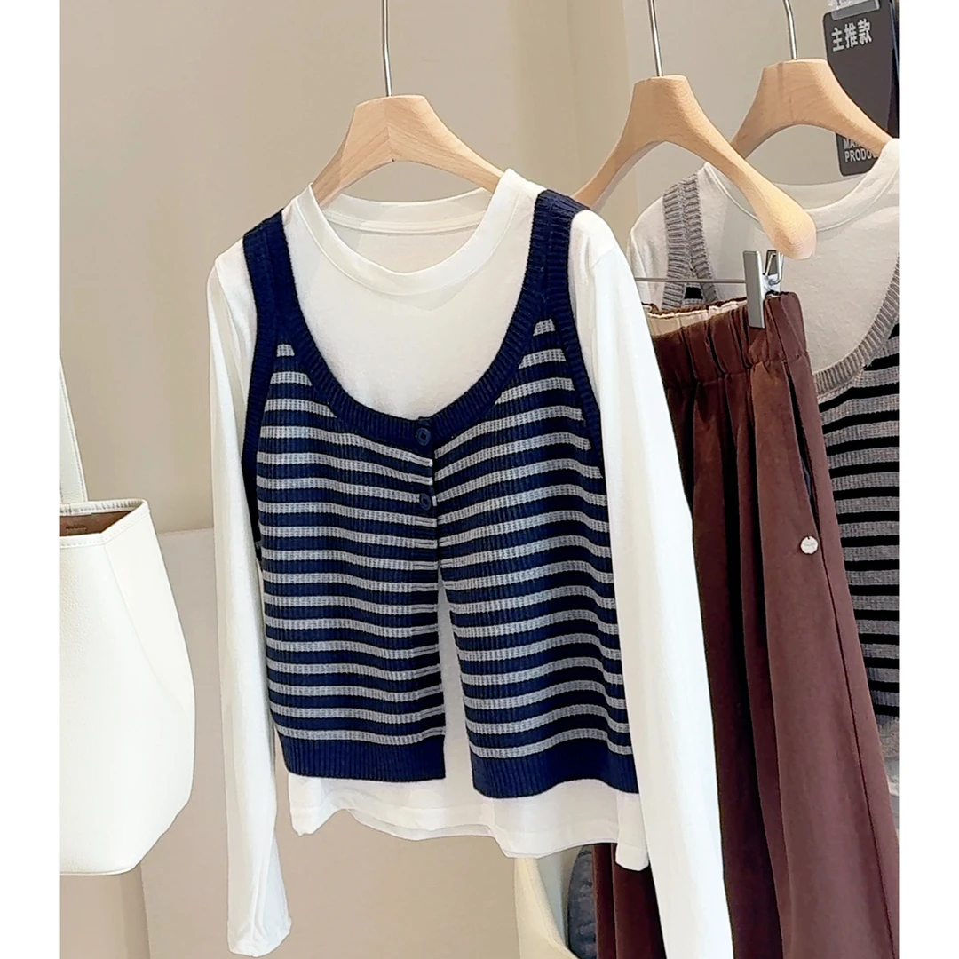 韩系叠穿条纹吊带背心T恤套装女秋季新款宽松针织衫两件套上衣