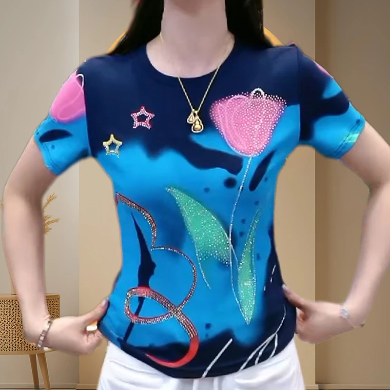纯棉春游出行衣服2025新款欧货郁金香印花烫钻显瘦气质短袖T恤女