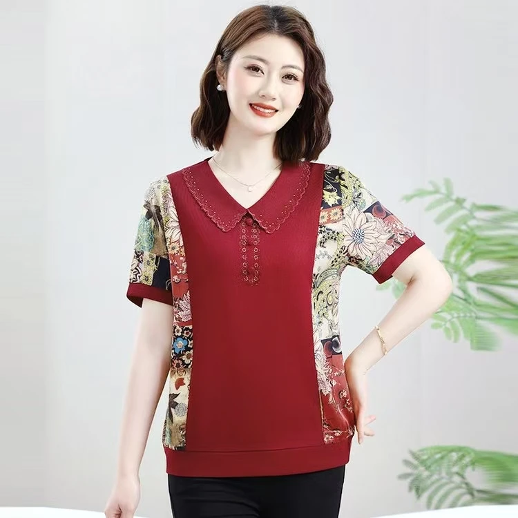 6009-夏季新款时尚洋气休闲百搭气质翻领拼接烫钻妈妈装短袖上衣