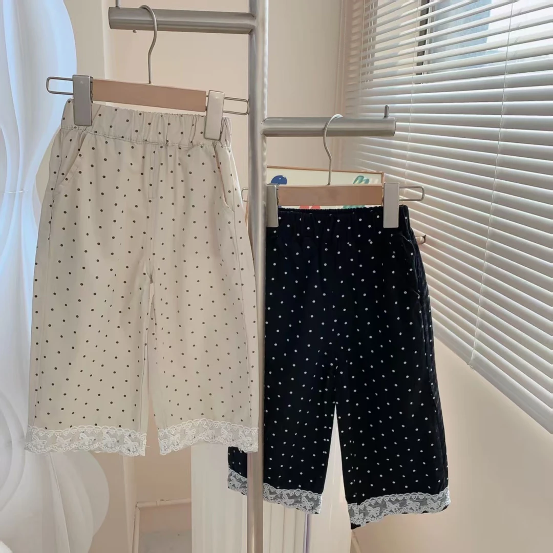 女童春夏韩版棉质脚口花边满身波点休闲阔腿裤 251298