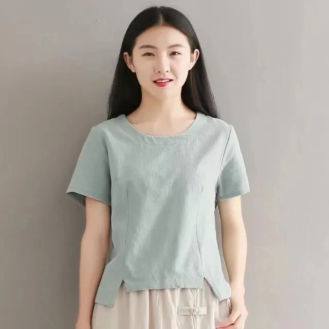 【当天发+退货包邮】夏季新款复古棉麻短款上衣短袖纯色T恤女装113