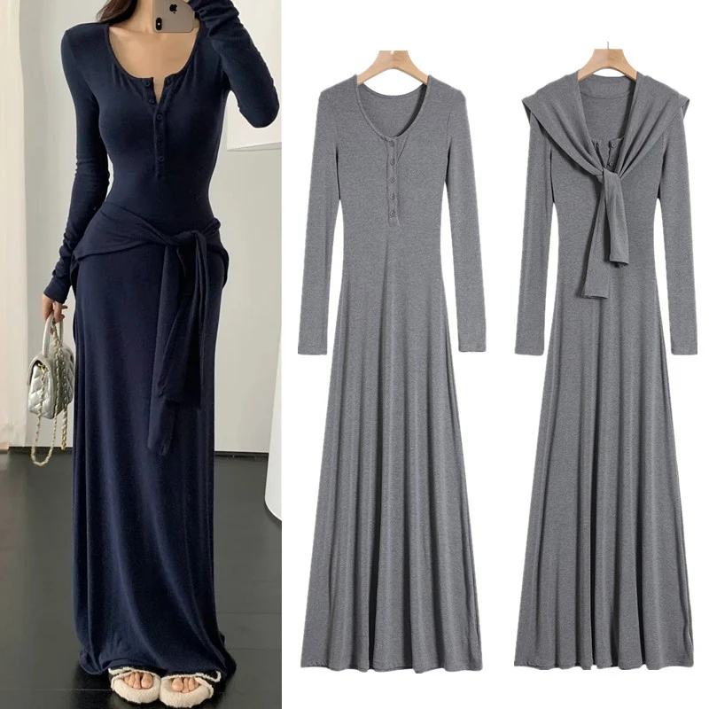 辣妹风纽扣U领弹力修身长袖连衣裙女气质披肩长款连衣裙2025春季