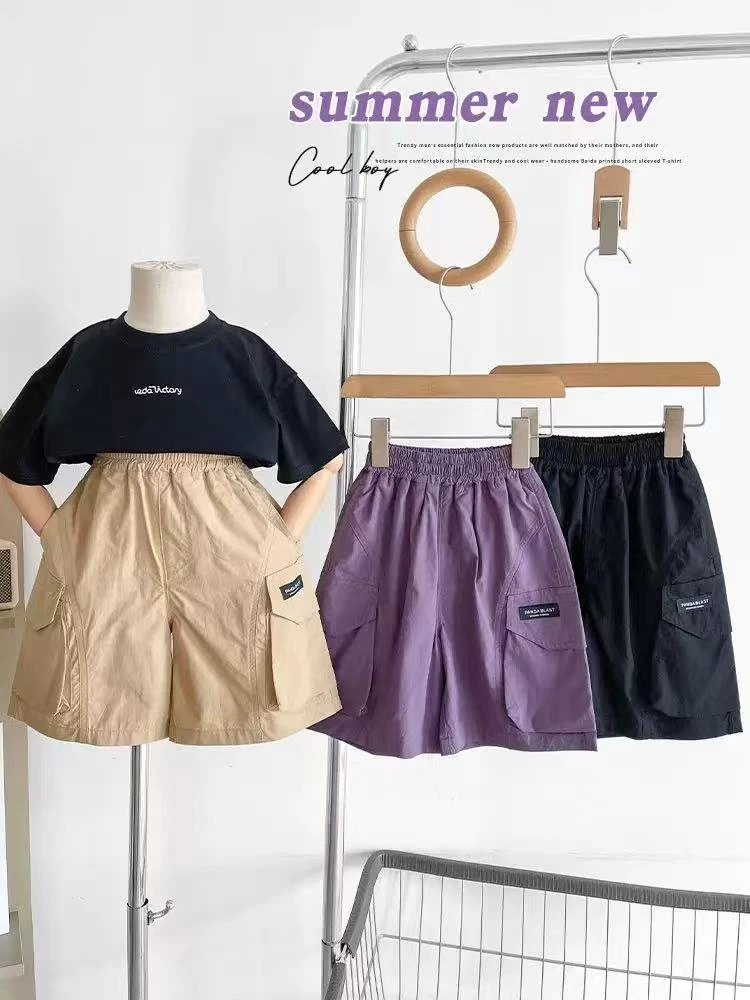 子航同款 夏季新款儿童韩版帅气工装字母贴标五分短裤xk7054