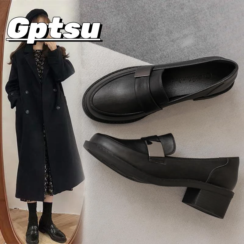 GPTSu小皮鞋女英伦风小黑色软底春季高跟工作新款乐福鞋职业单鞋