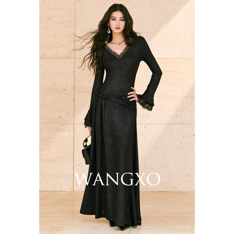 WANGXO  亮丝针织蕾丝连衣裙2501321W
