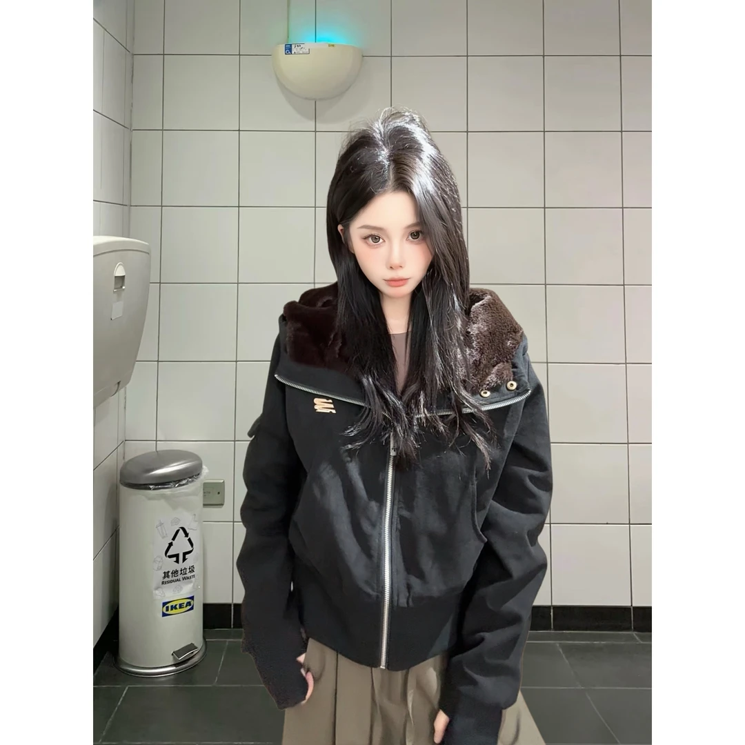 加厚保暖毛领连帽棉服棉衣防风外套女潮酷高级感小个子