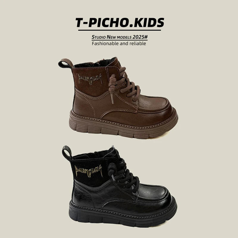 【小旋风】儿童英伦风复古马丁靴2025秋冬新款加绒男女童短靴-25096