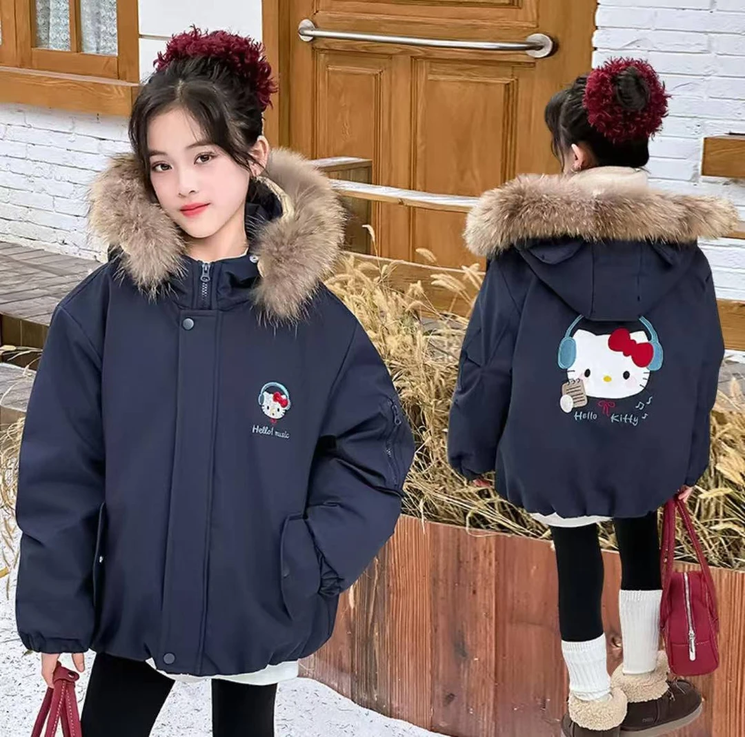 女童2025年厚款棉服加仿兔毛工装KT猫冲锋衣冬季加绒保暖派克服ol