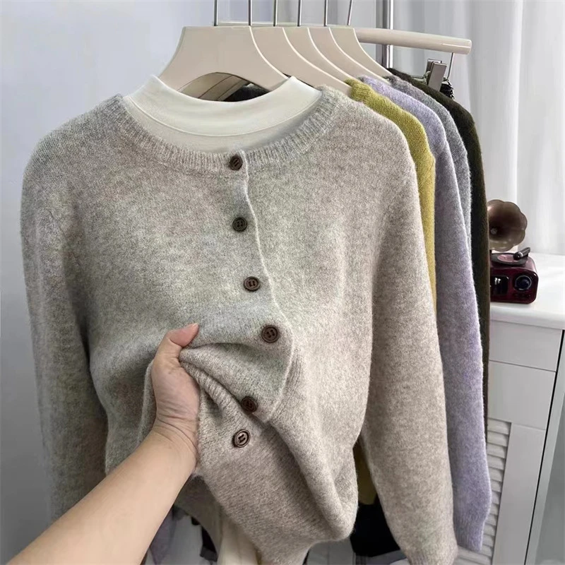 温柔纯色圆领毛衣开衫女2025春款小个子叠穿外搭针织外套女装