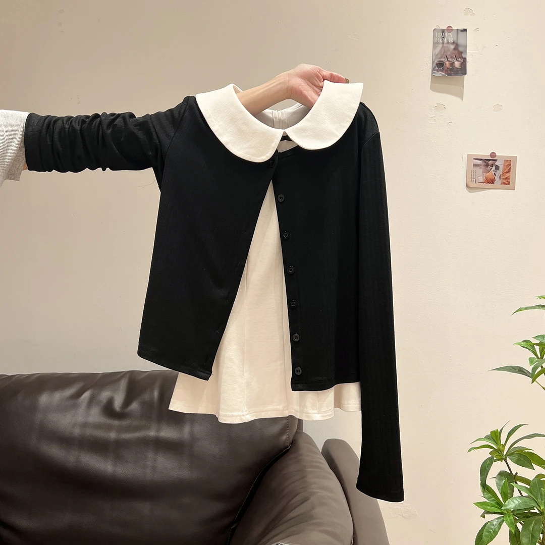 黑色圆领长袖T恤女秋季新款娃娃领吊带内搭修身显瘦套装上衣