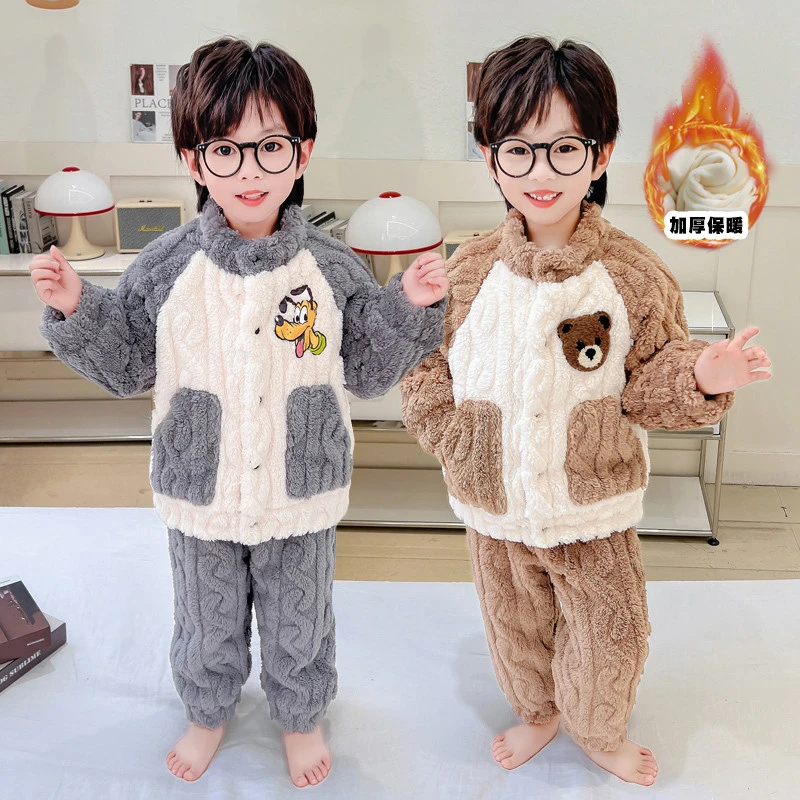儿童珊瑚绒睡衣双层加厚冬季2025新款宝宝男童睡衣儿童家居服套装