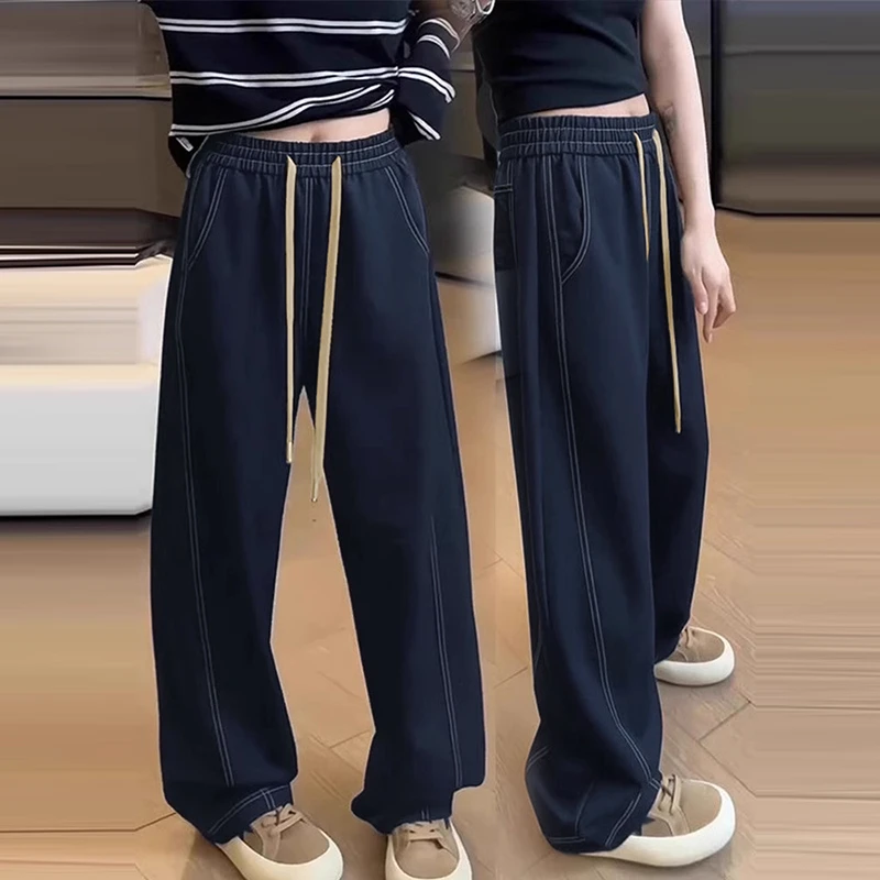 深蓝色阔腿牛仔裤女微胖女孩大码胖mm春秋季高腰显瘦宽松直筒裤子