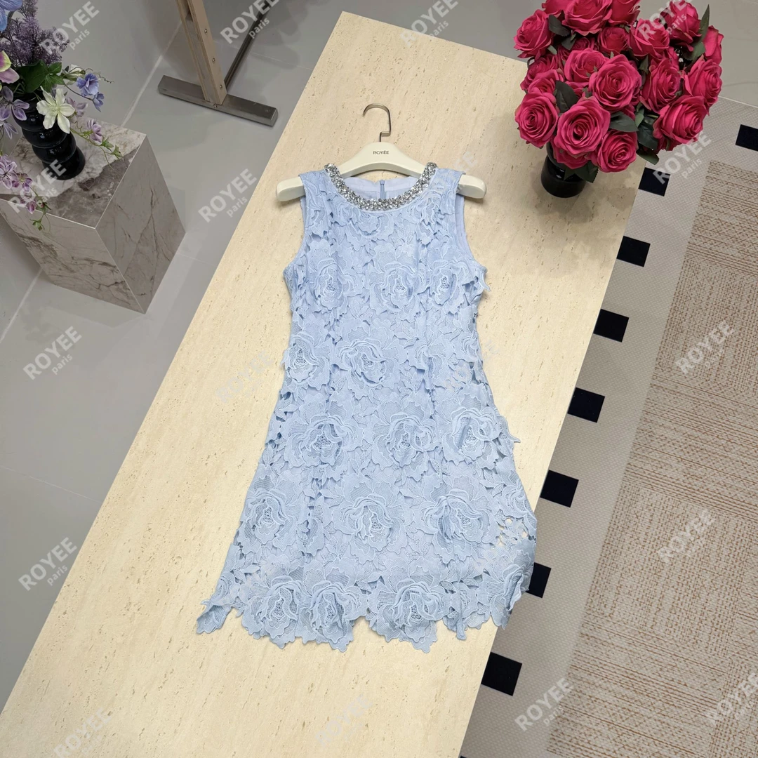 【海棠春醉】法式蓝色蕾丝气质减龄领口钉钻无袖连衣裙RY1020
