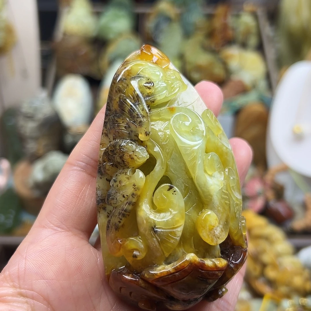 未镶嵌岫玉颈饰花玉水草如意手玩原皮