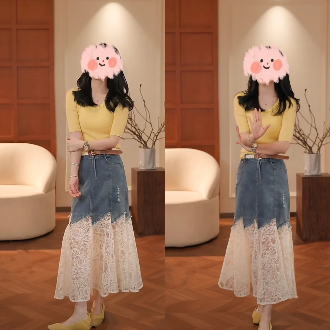2025年春夏款轻奢轻熟风高级感闪片T恤牛仔蕾丝拼接半身裙两件套