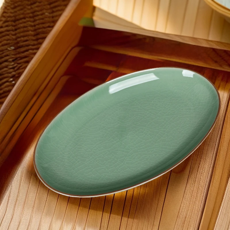 精品家用青瓷餐具哥窑冰裂纹大鱼盘创意陶瓷椭圆菜盘微波炉蒸鱼盘