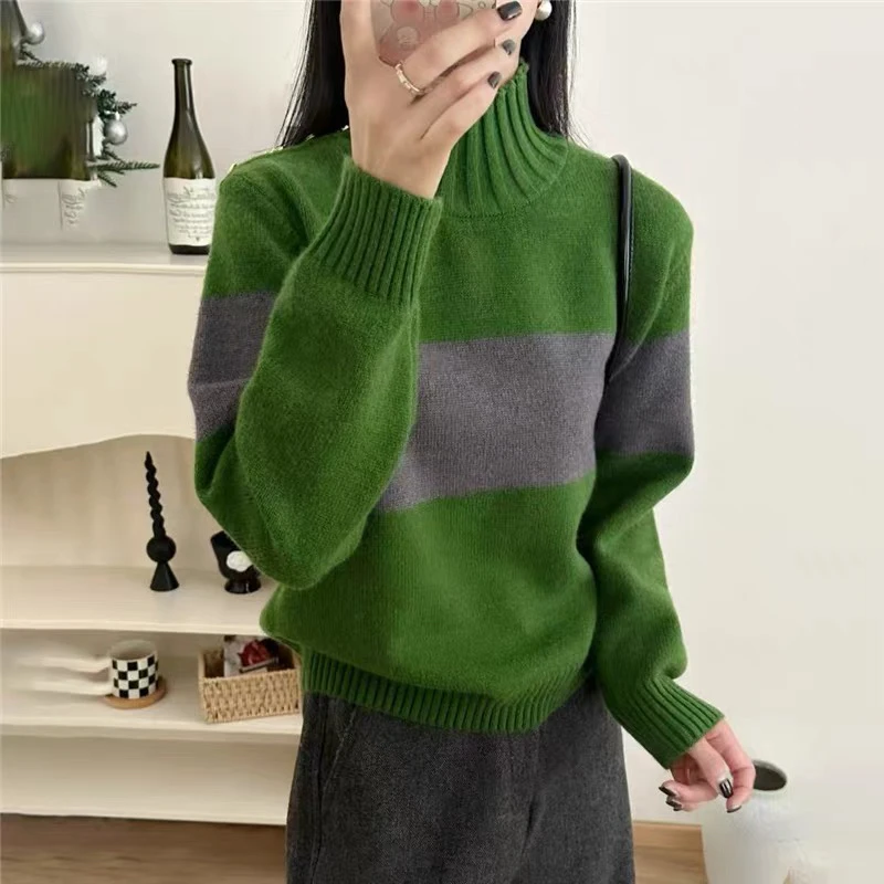 秋冬新款高领毛衣女纽扣加厚针织打底衫宽松洋气拼色内搭保暖套头