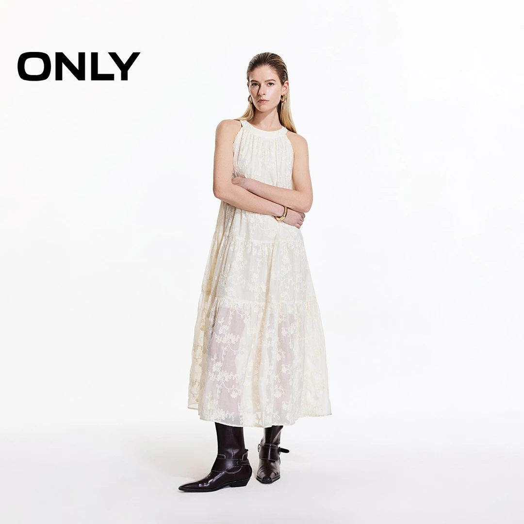 ONLY2025秋季新款系脖绑带纯色圆领无袖长裙连衣裙女|125107090
