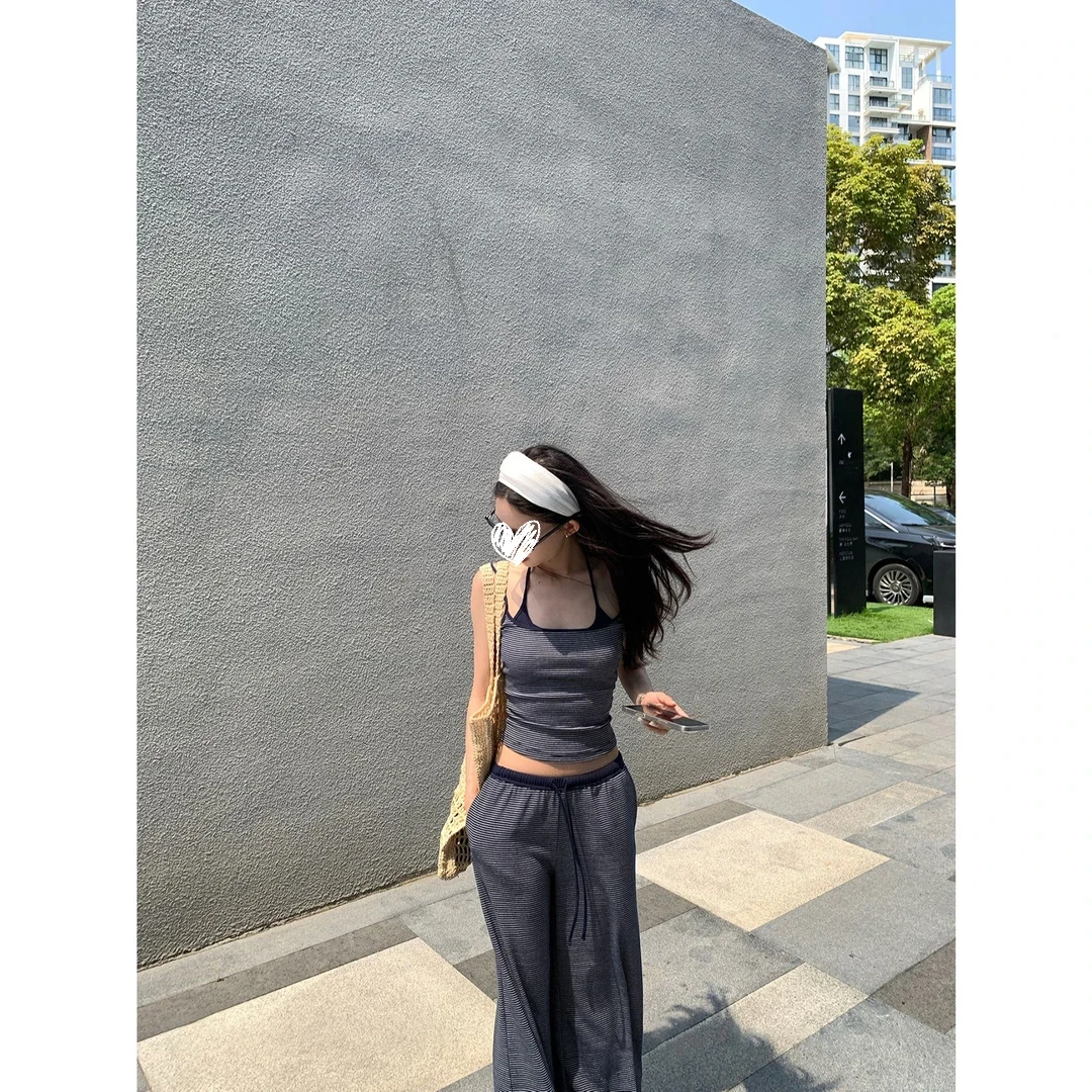 【夏回归主义】假两件挂脖背心女夏季宽松百搭条纹裤子套装