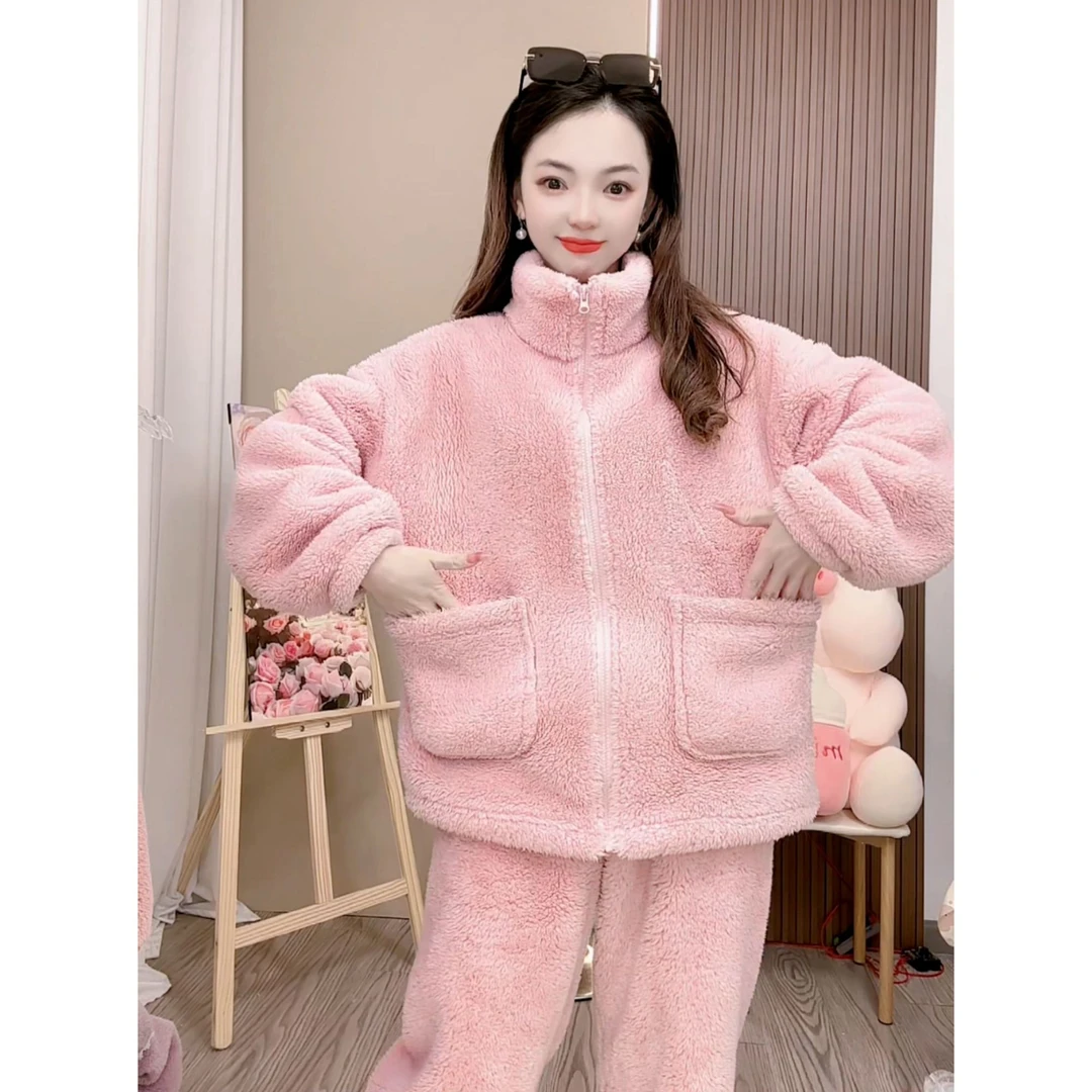 【情侣款】拉链加绒加厚保暖时尚套装女冬季休闲可外穿家居服睡衣
