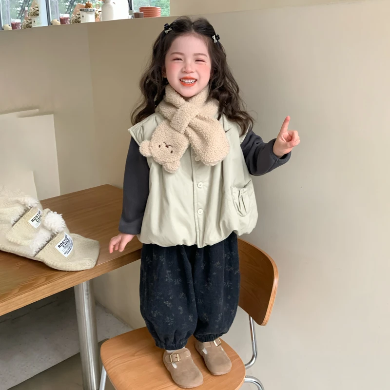 女童套装秋冬款2025新款儿童韩系马甲洋气宝宝加绒裤子森系三件套
