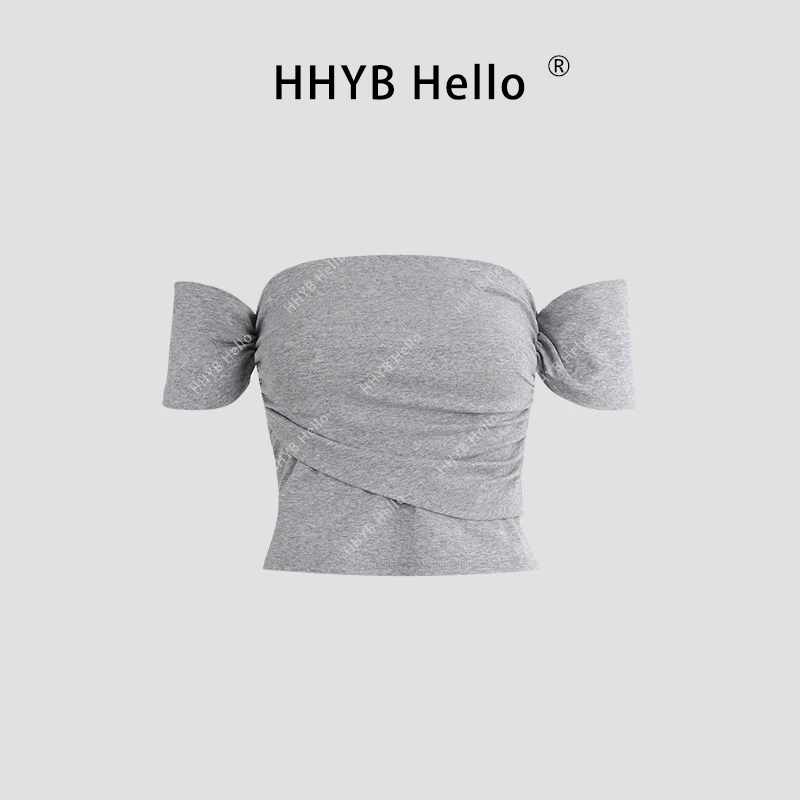 HHYB Hello压褶设计感抹胸短袖T恤2025新款修身露肩短上衣250101