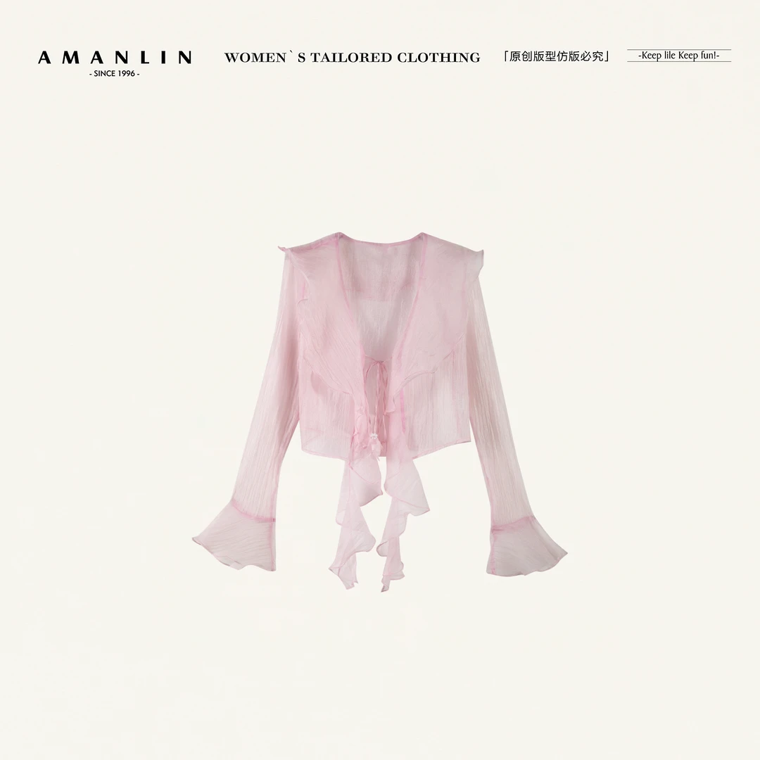 AMANLIN/阿谩琳欧若风春季薄款网纱蕾丝罩衫小衫时尚上衣F596532