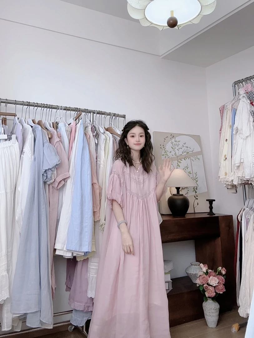 可衣-【泡泡袖】日单高货夏新款高品质苎麻短袖连衣裙单层