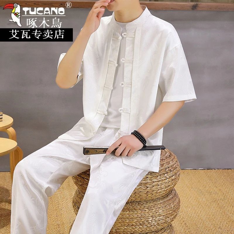 啄木鸟中国风夏季纯色中式套装休闲盘扣短袖衬衫长裤练功服两件套