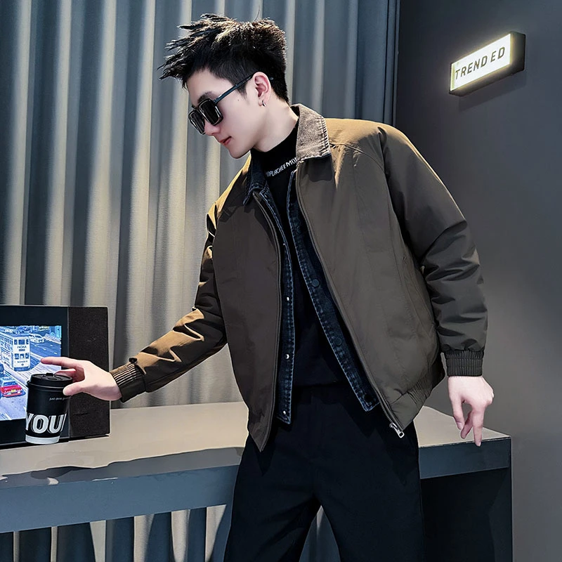 潮牌男装拼接牛仔假两件翻领男士外套秋冬款棉服男款棉袄冬季棉衣
