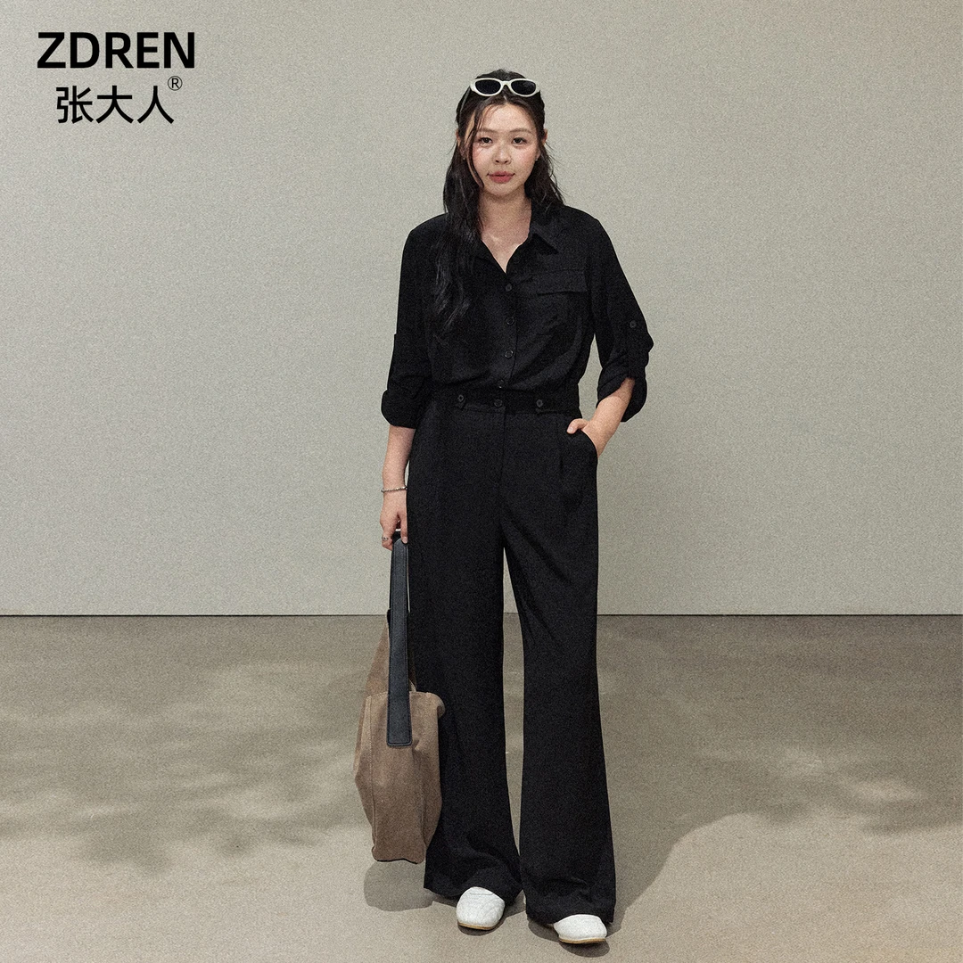张大人【黑伦派对】大码女装微胖妹妹通勤百搭翻领高腰工装连体裤