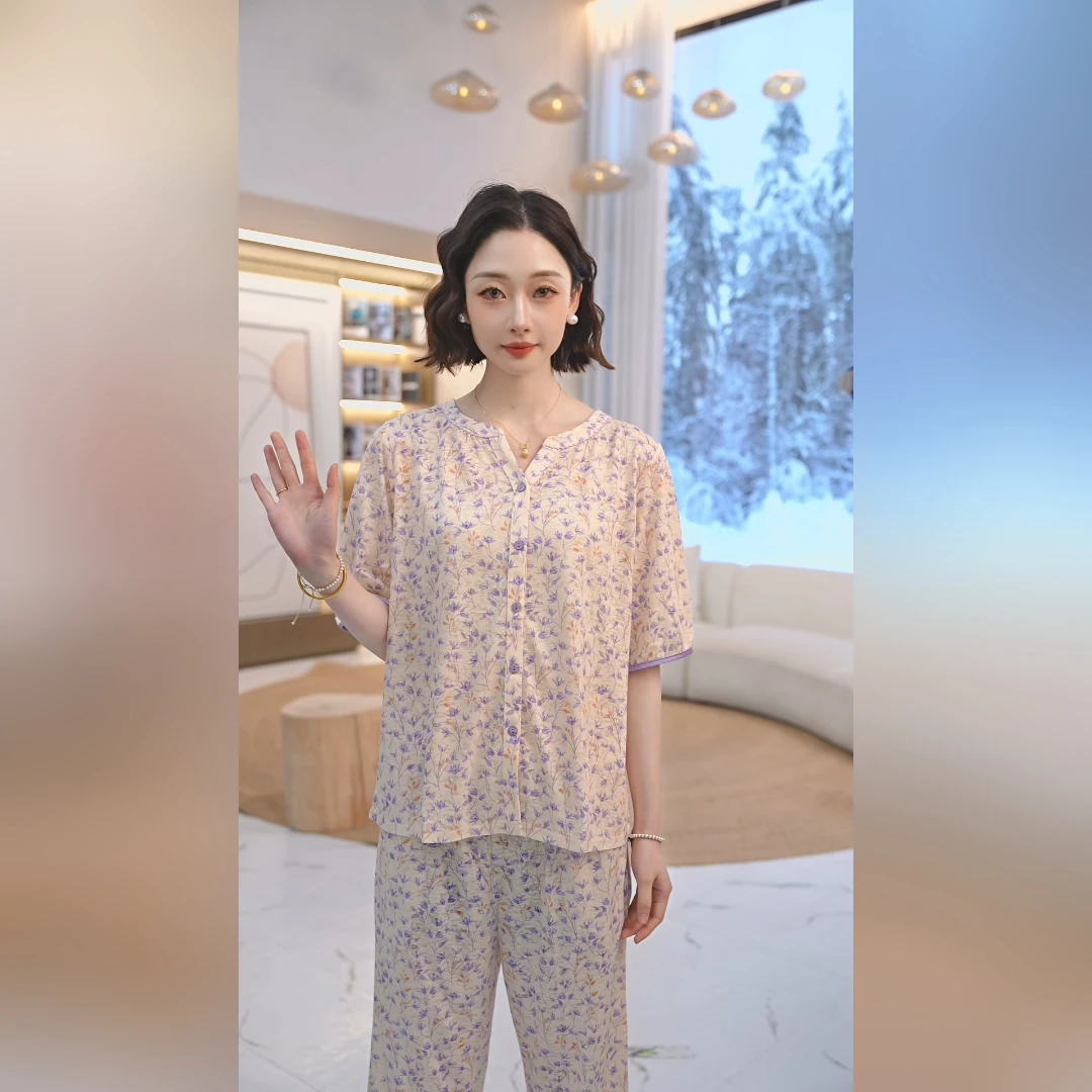 秋鹿针织烧花印花圆领五分袖八分裤女套夏季透气