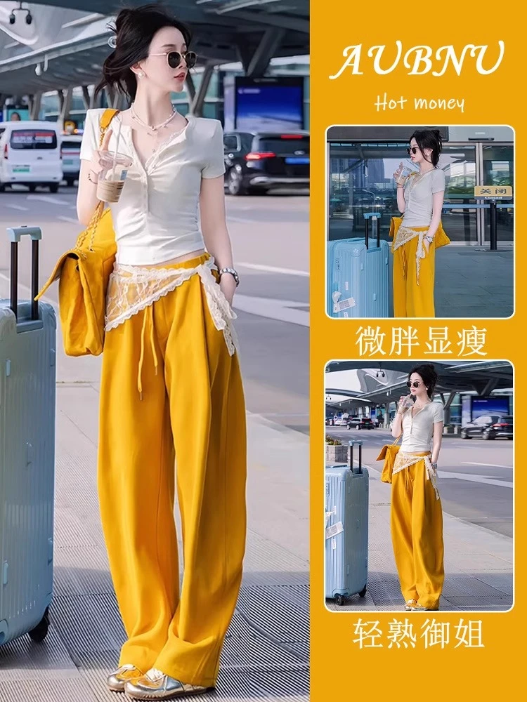 夏季流行穿搭一整套小个子大方得体高级感气质通勤白色T恤套装裤